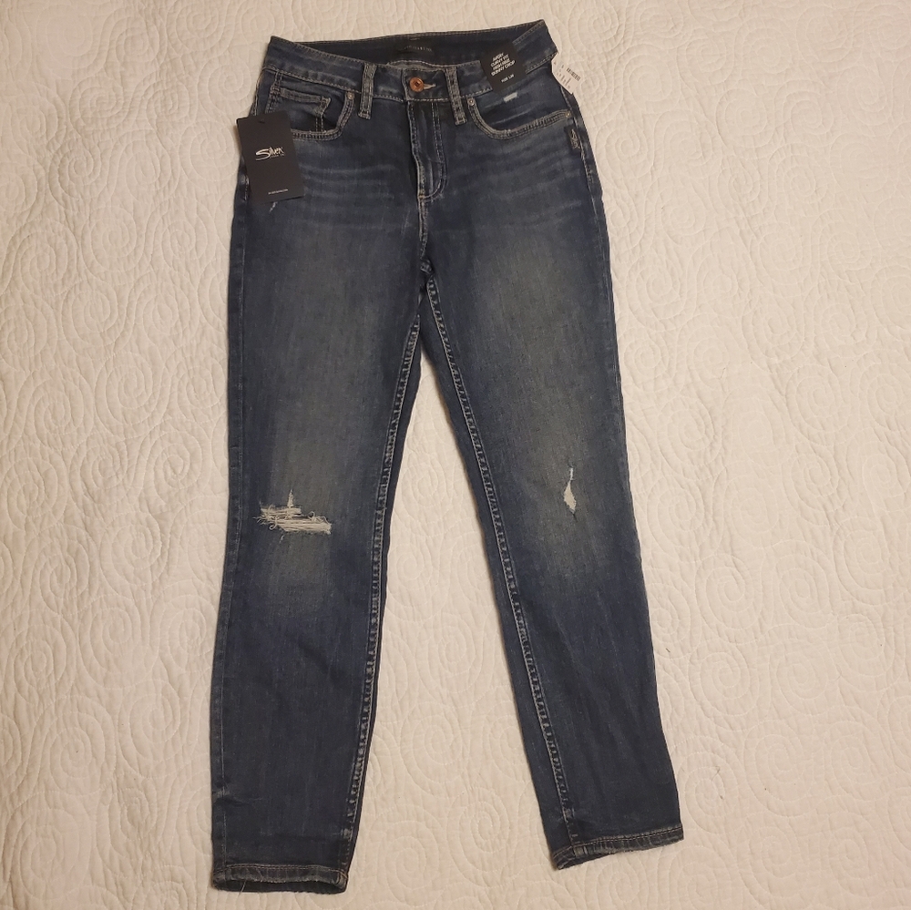 NWT Avery Silver Jeans Co Jeans Size 28 Curvy High Rise Skinny Crop Distressed
